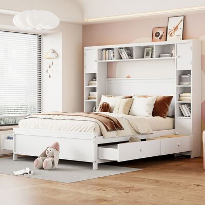 ACKERMAN Cadre De Lit Avec Rangement 140200, Avec 4 Tiroirs Et Grand Meuble De Rangement, Lit Double En Bois Massif Avec Sommier, Blanc - Publicité ACKERMAN Cadre De Lit Avec Rangement 140200, Avec 4 Tiroirs Et Grand Meuble De Rangement, Lit Double En Bois Massif Avec Sommier, Blanc - Publicité
