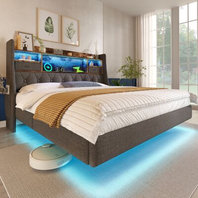 ACKERMAN Lit Suspendu Capitonné 140x200 Cm Avec Éclairage Led, Tête De Lit Et Station De Charge (1 Type-c, 3 Ports Usb), Lit Double Moderne Avec Tête De Lit De Rangement Et Sommier À Lattes, Lin, Gris (sans Ma - Publicité ACKERMAN Lit Suspendu Capitonné 140x200 Cm Avec Éclairage Led, Tête De Lit Et Station De Charge (1 Type-c, 3 Ports Usb), Lit Double Moderne Avec Tête De Lit De Rangement Et Sommier À Lattes, Lin, Gris (sans Ma - Publicité