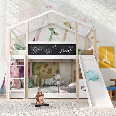 ACKERMAN Lit Cabane Pour Enfant Avec Toboggan Et Échelle 90 X 200 Cm, Lit Superposé Pour Enfant – 2 Sommiers À Lattes – Naturel Et Blanc - Publicité ACKERMAN Lit Cabane Pour Enfant Avec Toboggan Et Échelle 90 X 200 Cm, Lit Superposé Pour Enfant – 2 Sommiers À Lattes – Naturel Et Blanc - Publicité