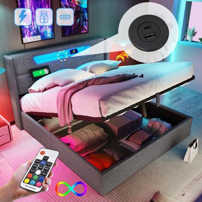 ACKERMAN Lit Double Rembourré Avec Éclairage Led, Fonction De Chargement Usb Type C Et Éclairage Led, Lit Coffre, Cadre De Lit En Lin, Lit Enfant 160x200 Avec Sommier À Lattes (sans Matelas) - Publicité ACKERMAN Lit Double Rembourré Avec Éclairage Led, Fonction De Chargement Usb Type C Et Éclairage Led, Lit Coffre, Cadre De Lit En Lin, Lit Enfant 160x200 Avec Sommier À Lattes (sans Matelas) - Publicité