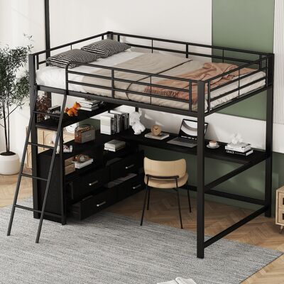 ACKERMAN Lit Mezzanine 140200 Cm, Cadre En Fer, Tiroirs Pratiques, Bureau En L Design Laminé, Sans Matelas, Noir - Publicité ACKERMAN Lit Mezzanine 140200 Cm, Cadre En Fer, Tiroirs Pratiques, Bureau En L Design Laminé, Sans Matelas, Noir - Publicité