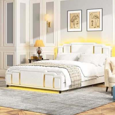 ACKERMAN Lit Capitonné 140 X 200 Cm Avec Tiroirs, Revêtement En Velours Beige, Lit Double, Avec Moulure Dorée Sur La Tête Et Le Pied De Lit, Design Unique - Publicité ACKERMAN Lit Capitonné 140 X 200 Cm Avec Tiroirs, Revêtement En Velours Beige, Lit Double, Avec Moulure Dorée Sur La Tête Et Le Pied De Lit, Design Unique - Publicité