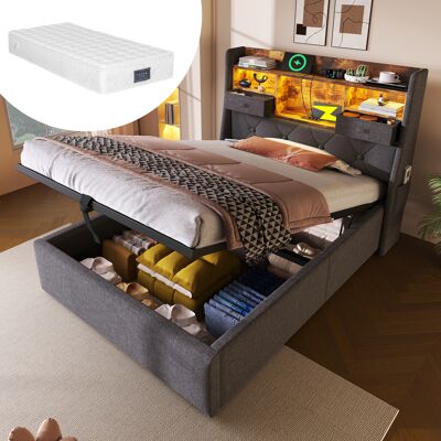ACKERMAN Lit Rembourré 90x200 Cm Avec Rangement Hydraulique Et Tête De Lit Led, 4 Stations De Charge (usb/type-c), Lit Simple Avec Sommier À Lattes, Tissu En Lin Gris (avec Matelas) - Publicité ACKERMAN Lit Rembourré 90x200 Cm Avec Rangement Hydraulique Et Tête De Lit Led, 4 Stations De Charge (usb/type-c), Lit Simple Avec Sommier À Lattes, Tissu En Lin Gris (avec Matelas) - Publicité