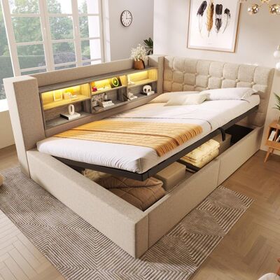 OEM Lit Double Capitonné 140x190 Cm Avec Éclairage Led, Rangement Hydraulique, Tête De Lit En Forme De L Avec Rangement, Montage Possible Des Deux Côtés, Sommier À Lattes, Tissu Lin, Beige (sans Matelas) - Publicité OEM Lit Double Capitonné 140x190 Cm Avec Éclairage Led, Rangement Hydraulique, Tête De Lit En Forme De L Avec Rangement, Montage Possible Des Deux Côtés, Sommier À Lattes, Tissu Lin, Beige (sans Matelas) - Publicité