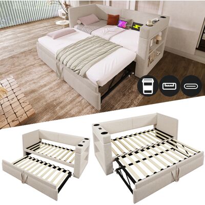 ACKERMAN Lit Double Avec Éclairage Led, Prise Usb Type-c Et Fonction De Charge. Structure En Lin. Lit Pour Adolescents De Dimensions 140x200 Cm Avec Sommier En Bois. Sans Matelas. Publicité ACKERMAN Lit Double Avec Éclairage Led, Prise Usb Type-c Et Fonction De Charge. Structure En Lin. Lit Pour Adolescents De Dimensions 140x200 Cm Avec Sommier En Bois. Sans Matelas. Publicité
