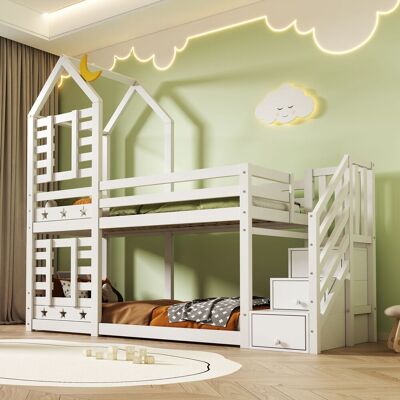 ACKERMAN Lit Superposé Enfant Style Cabane Dans Les Arbres Avec Tiroirs Et Barrière De Sécurité, 90 X 200 Cm, Lit Mezzanine Pour Enfant – 2 Sommiers À Lattes – Blanc - Publicité ACKERMAN Lit Superposé Enfant Style Cabane Dans Les Arbres Avec Tiroirs Et Barrière De Sécurité, 90 X 200 Cm, Lit Mezzanine Pour Enfant – 2 Sommiers À Lattes – Blanc - Publicité