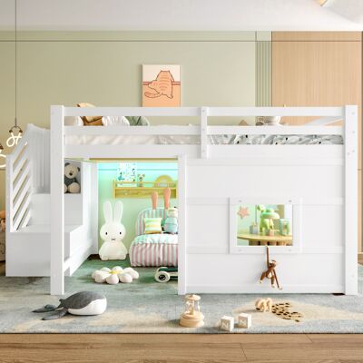 LEMONBEST Lit Mezzanine Enfant 140x200 Avec Escalier Rangement Fenêtre Led Pin Mdf Blanc - Publicité LEMONBEST Lit Mezzanine Enfant 140x200 Avec Escalier Rangement Fenêtre Led Pin Mdf Blanc - Publicité