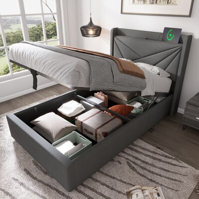 OEM Lit Rembourré, Lit Simple Avec Rangement, Coffre De Lit Avec Fonction De Chargement Usb Type C, Tête De Lit, Lits Coffres, Cadre De Lit En Lin, Lit Enfant 90x200 Avec Sommier À Lattes (sans Matelas) - Publicité OEM Lit Rembourré, Lit Simple Avec Rangement, Coffre De Lit Avec Fonction De Chargement Usb Type C, Tête De Lit, Lits Coffres, Cadre De Lit En Lin, Lit Enfant 90x200 Avec Sommier À Lattes (sans Matelas) - Publicité