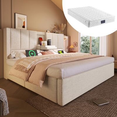 ACKERMAN Lit Double Capitonné 160x200 Cm Avec Porte-gobelet Et Station De Recharge Dissimulés, Sommier Hydraulique Avec Espace De Rangement Sous Le Lit, Sommier À Lattes Inclus, Lin Beige (avec Matelas) - Publicité ACKERMAN Lit Double Capitonné 160x200 Cm Avec Porte-gobelet Et Station De Recharge Dissimulés, Sommier Hydraulique Avec Espace De Rangement Sous Le Lit, Sommier À Lattes Inclus, Lin Beige (avec Matelas) - Publicité