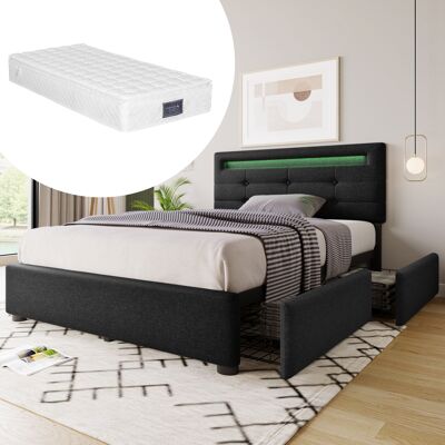 ACKERMAN Cadre De Lit Avec Éclairage Led Et 2 Tiroirs, Matelas Inclus, Lit Simple Capitonné 90x200cm, Tête De Lit Réglable En Hauteur, Sommier À Lattes En Bois, Noir - Publicité ACKERMAN Cadre De Lit Avec Éclairage Led Et 2 Tiroirs, Matelas Inclus, Lit Simple Capitonné 90x200cm, Tête De Lit Réglable En Hauteur, Sommier À Lattes En Bois, Noir - Publicité