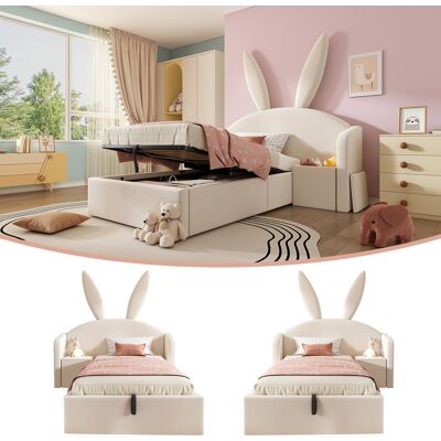 ACKERMAN Lit Enfant 90x200cm Avec Coffre De Rangement Hydraulique, Lit Capitonné Avec Table De Chevet Et Motif Oreilles De Lapin, Cadre De Lit En Velours, Beige (sans Matelas) - Publicité ACKERMAN Lit Enfant 90x200cm Avec Coffre De Rangement Hydraulique, Lit Capitonné Avec Table De Chevet Et Motif Oreilles De Lapin, Cadre De Lit En Velours, Beige (sans Matelas) - Publicité