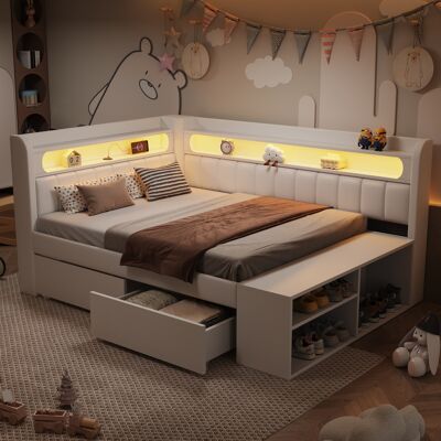 ARRIGONI Canapé-lit Rembourré 90x200cm Avec Port Usb Et Bande Lumineuse Led, Avec Meuble À Chaussures Et Deux Tiroirs, Blanc. Publicité ARRIGONI Canapé-lit Rembourré 90x200cm Avec Port Usb Et Bande Lumineuse Led, Avec Meuble À Chaussures Et Deux Tiroirs, Blanc. Publicité