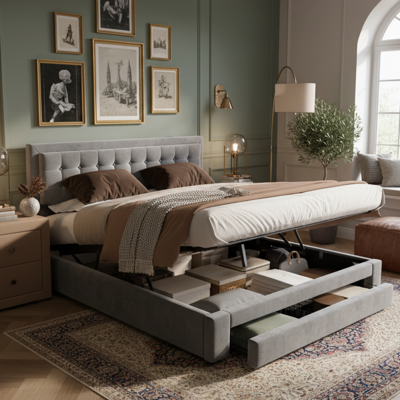 ACKERMAN Lit Avec Coffre Et Tiroirs, Tissu Velours, Lit Capitonné, Sommier À Lattes, Lit Double, Grand Espace De Rangement, 180 X 200, Gris - Publicité ACKERMAN Lit Avec Coffre Et Tiroirs, Tissu Velours, Lit Capitonné, Sommier À Lattes, Lit Double, Grand Espace De Rangement, 180 X 200, Gris - Publicité