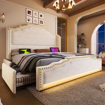 ACKERMAN Lit Rembourré 160x200, Lit Double Avec 4 Tiroirs, Éclairage Led Et Port De Chargement Usb-c, Lit Coffre Et Lit Enfant Avec Sommier À Lattes, Velours Beige, Sans Matelas - Publicité ACKERMAN Lit Rembourré 160x200, Lit Double Avec 4 Tiroirs, Éclairage Led Et Port De Chargement Usb-c, Lit Coffre Et Lit Enfant Avec Sommier À Lattes, Velours Beige, Sans Matelas - Publicité