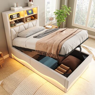 ACKERMAN Lit D'Enfant 90x200 Cm Avec Coffre Hydraulique, Bandeau Led Contrôlé Par App, Port De Charge Usb, Sommier Métallique, Capitonnage Lin, Beige - Publicité ACKERMAN Lit D'Enfant 90x200 Cm Avec Coffre Hydraulique, Bandeau Led Contrôlé Par App, Port De Charge Usb, Sommier Métallique, Capitonnage Lin, Beige - Publicité