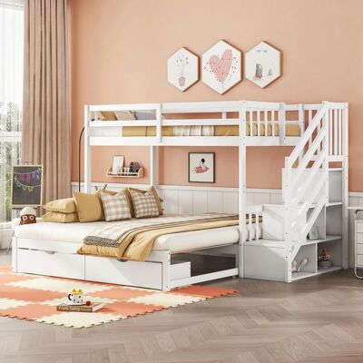 OEM Lit Superposé, 90x200cm, Lit Gigogne, Sommier À Lattes (sans Matelas), Marches Escamotables, Deux Tiroirs, Pin, Style Minimaliste, Blanc, Garantie 2 Ans - Publicité OEM Lit Superposé, 90x200cm, Lit Gigogne, Sommier À Lattes (sans Matelas), Marches Escamotables, Deux Tiroirs, Pin, Style Minimaliste, Blanc, Garantie 2 Ans - Publicité
