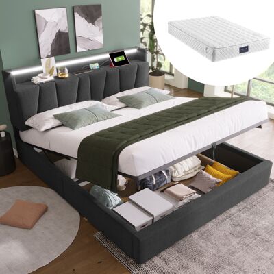 ACKERMAN Lit Double Capitonné Avec Fonction De Chargement Usb, Tête De Lit Avec Rangement Et Éclairage Led, Lit Double 160x200cm, Cadre De Lit Avec Rangement, Sommier À Lattes En Bois, Gris (avec Matelas) - Publicité ACKERMAN Lit Double Capitonné Avec Fonction De Chargement Usb, Tête De Lit Avec Rangement Et Éclairage Led, Lit Double 160x200cm, Cadre De Lit Avec Rangement, Sommier À Lattes En Bois, Gris (avec Matelas) - Publicité