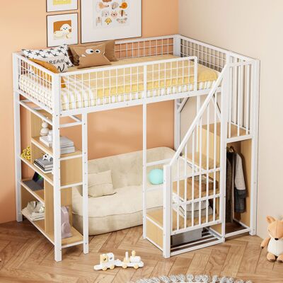 ACKERMAN Lit Mezzanine Multifonctionnel 90 X 200 Cm, Lit En Métal Avec Rangement, Surfaces De Rangement Et Escalier, Lit Pour Adultes Et Enfants, Blanc - Publicité ACKERMAN Lit Mezzanine Multifonctionnel 90 X 200 Cm, Lit En Métal Avec Rangement, Surfaces De Rangement Et Escalier, Lit Pour Adultes Et Enfants, Blanc - Publicité