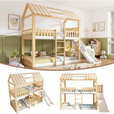 ACKERMAN Lit Superposé Enfant 90x200 Cm Avec Toit À Pignon, Blanc Et Naturel, Lit Cabane/mezzanine Avec Étagère Et Toboggan De 35 Cm, Accès Sécurisé, Idéal Pour Les Familles Avec Deux Enfants, Conforme À La No - Publicité ACKERMAN Lit Superposé Enfant 90x200 Cm Avec Toit À Pignon, Blanc Et Naturel, Lit Cabane/mezzanine Avec Étagère Et Toboggan De 35 Cm, Accès Sécurisé, Idéal Pour Les Familles Avec Deux Enfants, Conforme À La No - Publicité