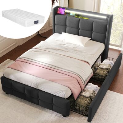 ACKERMAN Lit Rembourré Avec Fonction De Chargement Usb, Tête De Lit, Éclairage Led Et 2 Tiroirs Lit Simple 90x200cm Cadre De Lit Coffre Sommier À Lattes En Bois Gris (avec Matelas) - Publicité ACKERMAN Lit Rembourré Avec Fonction De Chargement Usb, Tête De Lit, Éclairage Led Et 2 Tiroirs Lit Simple 90x200cm Cadre De Lit Coffre Sommier À Lattes En Bois Gris (avec Matelas) - Publicité