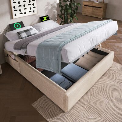 ACKERMAN Lit Double Capitonné 160×200 Cm, Cadre De Lit Coffre Avec Port Usb-c Et Sommier À Lattes, Sans Tête De Lit, Lin, Naturel - Publicité ACKERMAN Lit Double Capitonné 160×200 Cm, Cadre De Lit Coffre Avec Port Usb-c Et Sommier À Lattes, Sans Tête De Lit, Lin, Naturel - Publicité