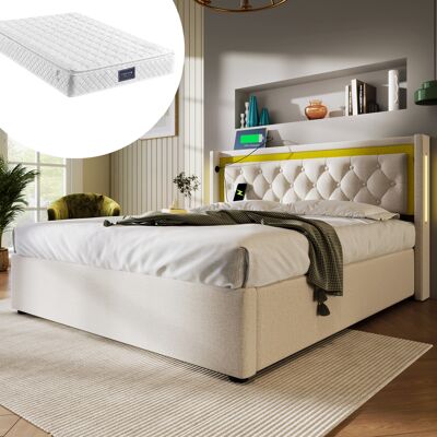 ACKERMAN Lit Rembourré Avec Éclairage Led, Lit Double Avec Rangement, Coffre De Lit Avec Fonction De Chargement Usb Type C, Tête De Lit, Lits Coffres, Cadre De Lit En Coton, Lit Enfant 140x200 Avec Sommier À L - Publicité ACKERMAN Lit Rembourré Avec Éclairage Led, Lit Double Avec Rangement, Coffre De Lit Avec Fonction De Chargement Usb Type C, Tête De Lit, Lits Coffres, Cadre De Lit En Coton, Lit Enfant 140x200 Avec Sommier À L - Publicité