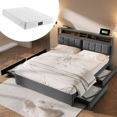 ACKERMAN Lit Double Avec 4 Tiroirs Et Prise Usb C, Lit Rembourré 140x200cm, Tête De Lit Réglable En Hauteur, Cadre À Lattes En Bois (avec Matelas) - Publicité ACKERMAN Lit Double Avec 4 Tiroirs Et Prise Usb C, Lit Rembourré 140x200cm, Tête De Lit Réglable En Hauteur, Cadre À Lattes En Bois (avec Matelas) - Publicité