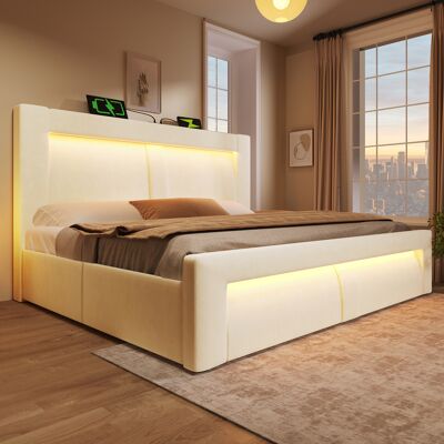 LEMONBEST Lit Coffre Double 180 X 200 Cm Avec Rangement Intégré, Éclairage Led, Tête De Lit Incurvée Et Sommier À Lattes - Velours - Beige - Publicité LEMONBEST Lit Coffre Double 180 X 200 Cm Avec Rangement Intégré, Éclairage Led, Tête De Lit Incurvée Et Sommier À Lattes - Velours - Beige - Publicité