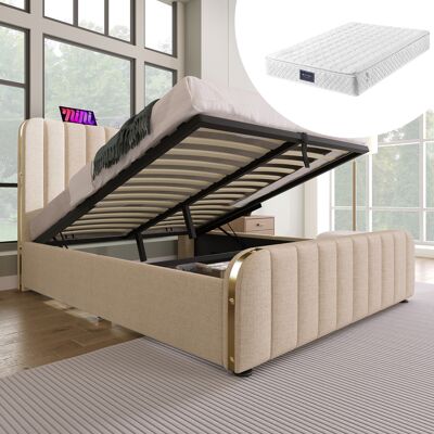 ACKERMAN Lit Capitonné Double Avec Tête De Lit Rembourrée Ornée De Rayures Décoratives Dorées Et Fonction De Chargement Usb Type-c, 140200 Cm, Revêtement En Lin Beige, Lit Coffre Hydraulique, Capacité De Charg - Publicité ACKERMAN Lit Capitonné Double Avec Tête De Lit Rembourrée Ornée De Rayures Décoratives Dorées Et Fonction De Chargement Usb Type-c, 140200 Cm, Revêtement En Lin Beige, Lit Coffre Hydraulique, Capacité De Charg - Publicité