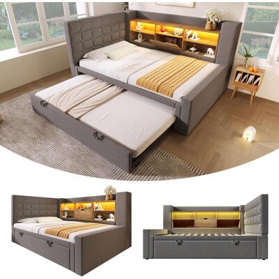 OEM Lit Rembourré 90x200 Cm Avec Lit Gigogne 90x190 Cm Et Éclairage Led, Lit Coffre, Tête De Lit En L Avec Espace De Rangement, Montage Possible Des Deux Côtés, Sommier À Lattes, Lin, Gris (sans Matelas) - Publicité OEM Lit Rembourré 90x200 Cm Avec Lit Gigogne 90x190 Cm Et Éclairage Led, Lit Coffre, Tête De Lit En L Avec Espace De Rangement, Montage Possible Des Deux Côtés, Sommier À Lattes, Lin, Gris (sans Matelas) - Publicité