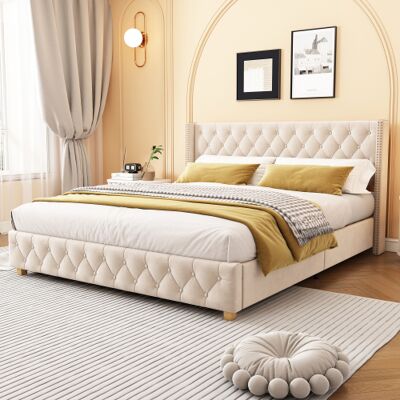 XISRENS Lit Capitonné 160 X 200 Cm Avec Sommier À Lattes Et Tête De Lit, Capitonnage À Boutons Et Clous Décoratifs, Pieds En Bois, Velours, Beige Clair - Publicité XISRENS Lit Capitonné 160 X 200 Cm Avec Sommier À Lattes Et Tête De Lit, Capitonnage À Boutons Et Clous Décoratifs, Pieds En Bois, Velours, Beige Clair - Publicité