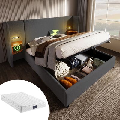 ACKERMAN Lit Double Capitonné 160x200 Avec Table De Chevet, Lampe De Lecture Et Fonction De Chargement Usb Type-c, Cadre De Lit Avec Rangement Et Sommier À Lattes En Bois Massif Et Métal, Gris, Lin (avec Matel - Publicité ACKERMAN Lit Double Capitonné 160x200 Avec Table De Chevet, Lampe De Lecture Et Fonction De Chargement Usb Type-c, Cadre De Lit Avec Rangement Et Sommier À Lattes En Bois Massif Et Métal, Gris, Lin (avec Matel - Publicité