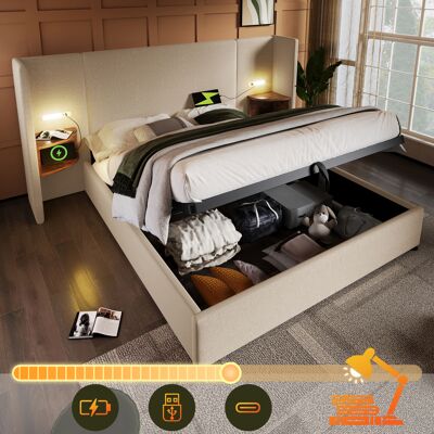 ACKERMAN Lit Double Capitonné 180x200 Avec Table De Chevet, Lampe De Lecture Et Fonction De Chargement Usb Type-c, Cadre De Lit Avec Rangement Et Sommier À Lattes En Bois Massif Et Métal, Beige, Lin (matelas N - Publicité ACKERMAN Lit Double Capitonné 180x200 Avec Table De Chevet, Lampe De Lecture Et Fonction De Chargement Usb Type-c, Cadre De Lit Avec Rangement Et Sommier À Lattes En Bois Massif Et Métal, Beige, Lin (matelas N - Publicité