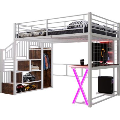 CAPSKA Caizilit Mezzanine 140 X 200 Cm Avec Éclairage Led, Échelle De Rangement, Bureau, Armoire, Étagères, Sans Matelas, Blanc - Publicité CAPSKA Caizilit Mezzanine 140 X 200 Cm Avec Éclairage Led, Échelle De Rangement, Bureau, Armoire, Étagères, Sans Matelas, Blanc - Publicité