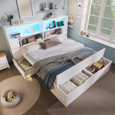 ACKERMAN Lit Double En Bois Blanc 140x200 Cm Avec Rangements, Éclairage Led, Ports De Chargement Usb, Tiroirs, Banquette, Étagères, Sommier À Lattes, Idéal Pour Une Chambre D'Adolescent, Matelas Non Inclus. Publicité ACKERMAN Lit Double En Bois Blanc 140x200 Cm Avec Rangements, Éclairage Led, Ports De Chargement Usb, Tiroirs, Banquette, Étagères, Sommier À Lattes, Idéal Pour Une Chambre D'Adolescent, Matelas Non Inclus. Publicité