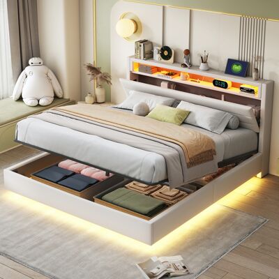 LEMONBEST Lit Capitonné 160x200cm - Avec Led, Usb & Rangement Hydraulique - Pour Chambre - Beige - Publicité LEMONBEST Lit Capitonné 160x200cm - Avec Led, Usb & Rangement Hydraulique - Pour Chambre - Beige - Publicité