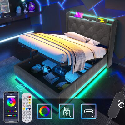 ACKERMAN Lit Simple 90x200cm Avec Coffre Hydraulique, Tête De Lit Rembourrée, Éclairage Led 360°, Revêtement Lin Gris, Commande Bouton/app/télécommande, Port Usb-c (sans Matelas) - Publicité ACKERMAN Lit Simple 90x200cm Avec Coffre Hydraulique, Tête De Lit Rembourrée, Éclairage Led 360°, Revêtement Lin Gris, Commande Bouton/app/télécommande, Port Usb-c (sans Matelas) - Publicité