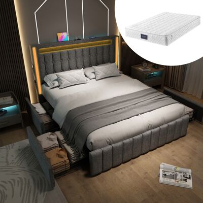 ACKERMAN Lit Rembourré Avec Fonction De Chargement Usb Type-c, Éclairage Led Et 4 Tiroirs, Lit Junior 140x200cm, Lit Double Avec Rangement, Cadre De Lit, Sommier À Lattes En Bois, Gris (avec Matelas) - Publicité ACKERMAN Lit Rembourré Avec Fonction De Chargement Usb Type-c, Éclairage Led Et 4 Tiroirs, Lit Junior 140x200cm, Lit Double Avec Rangement, Cadre De Lit, Sommier À Lattes En Bois, Gris (avec Matelas) - Publicité