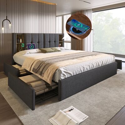 ACKERMAN Lit Double Avec Chargeur Sans Fil Usb C Et 4 Tiroirs, Cadre De Lit Rembourré 160x200cm, Sommier À Lattes En Bois - Lin Gris (sans Matelas) - Publicité ACKERMAN Lit Double Avec Chargeur Sans Fil Usb C Et 4 Tiroirs, Cadre De Lit Rembourré 160x200cm, Sommier À Lattes En Bois - Lin Gris (sans Matelas) - Publicité
