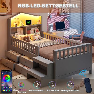 ARRIGONI Lit Enfant 90 X 200 Cm Avec Barrière De Sécurité, Quatre Tiroirs De Rangement, Marches, Éclairage Led, Ports De Charge Usb Et Type-c, Lit En Bois Massif Avec Sommier À Lattes, Lit Simple, Gris - Publicité ARRIGONI Lit Enfant 90 X 200 Cm Avec Barrière De Sécurité, Quatre Tiroirs De Rangement, Marches, Éclairage Led, Ports De Charge Usb Et Type-c, Lit En Bois Massif Avec Sommier À Lattes, Lit Simple, Gris - Publicité