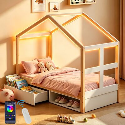 BATDTECH Lit Bois 90x190 Cm Avec Led Multicolore, Tiroirs, Petit Meuble À Chaussures, Lit Enfant En Bois Avec Toit – À Monter Soi-même Chambre Enfant/ado - Publicité BATDTECH Lit Bois 90x190 Cm Avec Led Multicolore, Tiroirs, Petit Meuble À Chaussures, Lit Enfant En Bois Avec Toit – À Monter Soi-même Chambre Enfant/ado - Publicité