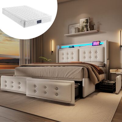 ACKERMAN Lit Rembourré 140x200, Lit Double Avec Tête De Lit Led Et Fonction De Chargement Usb C Et 4 Tiroirs, Lit Coffre Avec Sommier À Lattes En Bois Et Cadre En Métal, Capacité De Charge 300 Kg, Beige, Coton - Publicité ACKERMAN Lit Rembourré 140x200, Lit Double Avec Tête De Lit Led Et Fonction De Chargement Usb C Et 4 Tiroirs, Lit Coffre Avec Sommier À Lattes En Bois Et Cadre En Métal, Capacité De Charge 300 Kg, Beige, Coton - Publicité