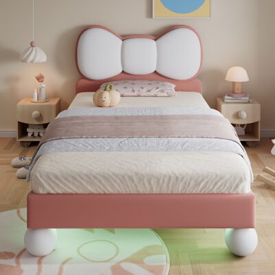 ALLAUVE Lit Enfant Rembourré Beige Et Rose 90x200 Cm, Sommier Velours Stable, Tête De Lit Nœud Papillon, Bandeau Led Réglable Sous Le Lit, Design Chic - Publicité ALLAUVE Lit Enfant Rembourré Beige Et Rose 90x200 Cm, Sommier Velours Stable, Tête De Lit Nœud Papillon, Bandeau Led Réglable Sous Le Lit, Design Chic - Publicité