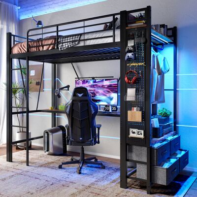 ACKERMAN Lit Mezzanine 90 X 200 Cm, Cadre En Fer, Avec Bureau, Barre De Séchage, Étagères, 4 Tiroirs, Prise Usb+type-c, Bandeau Led, Rambarde, Escalier, Avec Panneau Perforé, Sans Matelas, Noir - Publicité ACKERMAN Lit Mezzanine 90 X 200 Cm, Cadre En Fer, Avec Bureau, Barre De Séchage, Étagères, 4 Tiroirs, Prise Usb+type-c, Bandeau Led, Rambarde, Escalier, Avec Panneau Perforé, Sans Matelas, Noir - Publicité