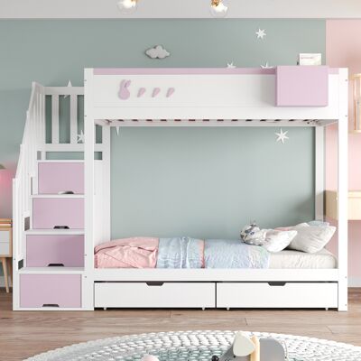 ACKERMAN Lit Superposé Lit D'Enfant 90 X 200 Cm, Avec Motifs De Lapin Et Carottes, Étagère Amovible, Échelle De Rangement Sécurisée, Tiroirs, Sommier À Lattes, Lit Double, Blanc + Rose - Publicité ACKERMAN Lit Superposé Lit D'Enfant 90 X 200 Cm, Avec Motifs De Lapin Et Carottes, Étagère Amovible, Échelle De Rangement Sécurisée, Tiroirs, Sommier À Lattes, Lit Double, Blanc + Rose - Publicité