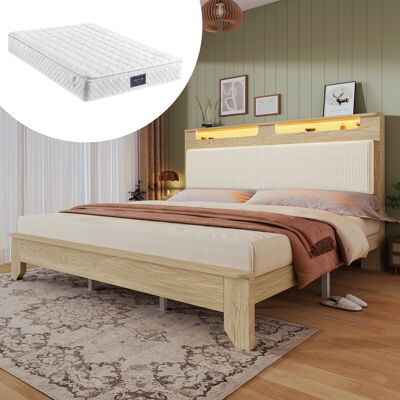 ACKERMAN Lit Double En Bois, 140×200cm, Tête De Lit Avec Espace De Rangement, Éclairage Led Et Dossier Rembourré En Velours Côtelé Beige, Cadre De Lit À Lattes En Bois, Chêne Clair (avec Matelas, Sans Banquett - Publicité ACKERMAN Lit Double En Bois, 140×200cm, Tête De Lit Avec Espace De Rangement, Éclairage Led Et Dossier Rembourré En Velours Côtelé Beige, Cadre De Lit À Lattes En Bois, Chêne Clair (avec Matelas, Sans Banquett - Publicité