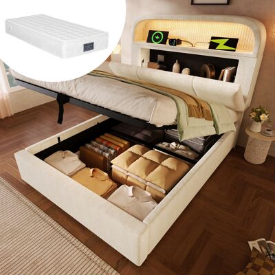 ACKERMAN Lit Simple Capitonné 90x200 Cm Avec Tête De Lit De Rangement Réglable En Hauteur, Lit Hydraulique Avec Éclairage Led Et Station De Charge Usb/type-c, Velours, Beige, Sommier À Lattes Inclus (avec Mate - Publicité ACKERMAN Lit Simple Capitonné 90x200 Cm Avec Tête De Lit De Rangement Réglable En Hauteur, Lit Hydraulique Avec Éclairage Led Et Station De Charge Usb/type-c, Velours, Beige, Sommier À Lattes Inclus (avec Mate - Publicité