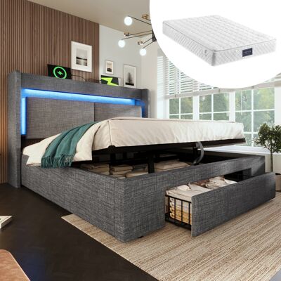 ACKERMAN Lit Capitonné 140x200 Cm Avec Rangement Hydraulique Et Tête De Lit Avec Compartiment De Rangement, Éclairage Led Et Ports Usb Et Usb-c, Sommier À Lattes En Bois, Gris, Lin, Avec Matelas - Publicité ACKERMAN Lit Capitonné 140x200 Cm Avec Rangement Hydraulique Et Tête De Lit Avec Compartiment De Rangement, Éclairage Led Et Ports Usb Et Usb-c, Sommier À Lattes En Bois, Gris, Lin, Avec Matelas - Publicité