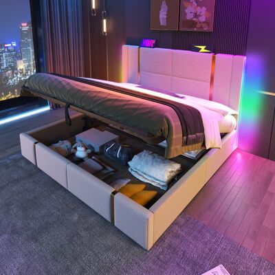 ACKERMAN Lit Double Capitonné, Fonction De Chargement Usb Type C, Contrôle Par Application, Éclairage Led, 140 X 200 Cm, Lit Coffre, Cadre De Lit, Sommier À Lattes En Bois, Revêtement En Lin Beige (matelas Non - Publicité ACKERMAN Lit Double Capitonné, Fonction De Chargement Usb Type C, Contrôle Par Application, Éclairage Led, 140 X 200 Cm, Lit Coffre, Cadre De Lit, Sommier À Lattes En Bois, Revêtement En Lin Beige (matelas Non - Publicité
