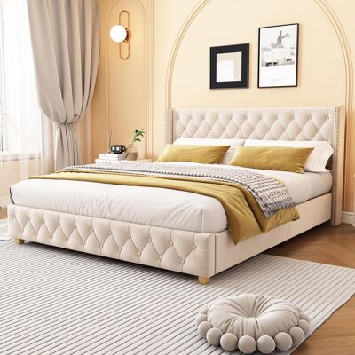 OEM Lit Capitonné 160 X 200 Cm Avec Sommier À Lattes Et Tête De Lit, Capitonnage À Boutons Et Clous Décoratifs, Pieds En Bois, Velours, Beige Clair - Publicité OEM Lit Capitonné 160 X 200 Cm Avec Sommier À Lattes Et Tête De Lit, Capitonnage À Boutons Et Clous Décoratifs, Pieds En Bois, Velours, Beige Clair - Publicité